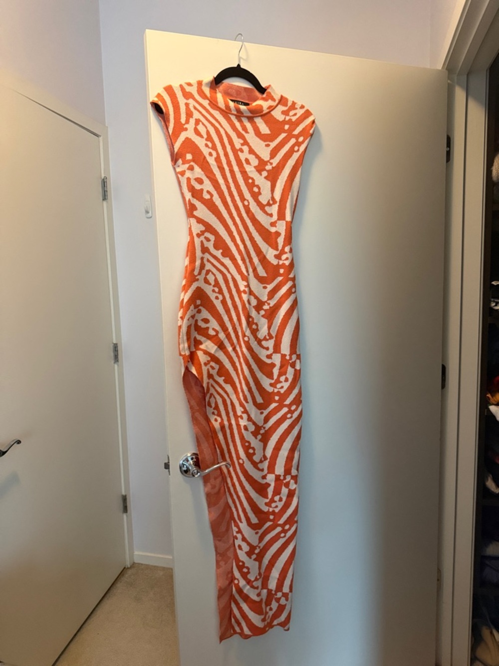 Sleeveless Orange & White Abstract Print Maxi Dress